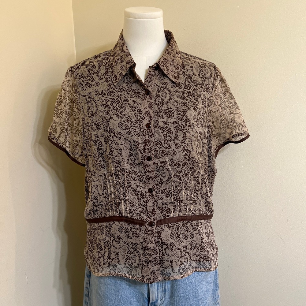 New York City Design Co Women Brown Silk Lace Print Button Up Blouse Large L